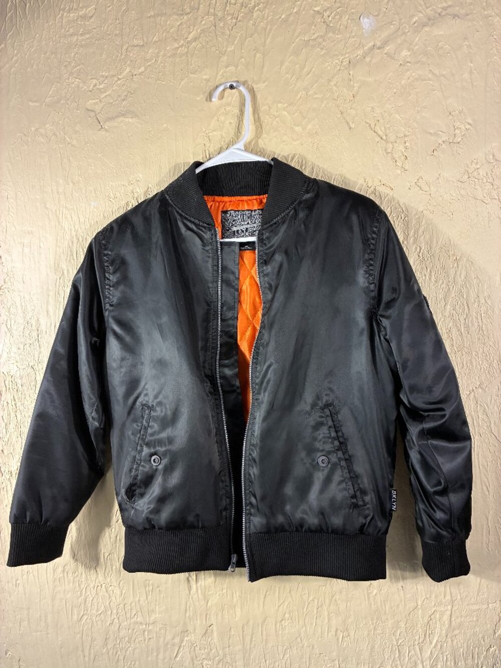 BKLYN Brooklyn Themed Black Bomber Jacket with Orange Quilted Lining Size M